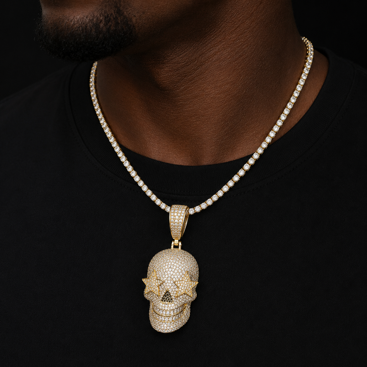 Bubble Letter Iced Out Skull Necklace Pendant for Men Prong Setting Five Stars Eyes Real Copper Cubic Zirconia Hip Hop Jewelry