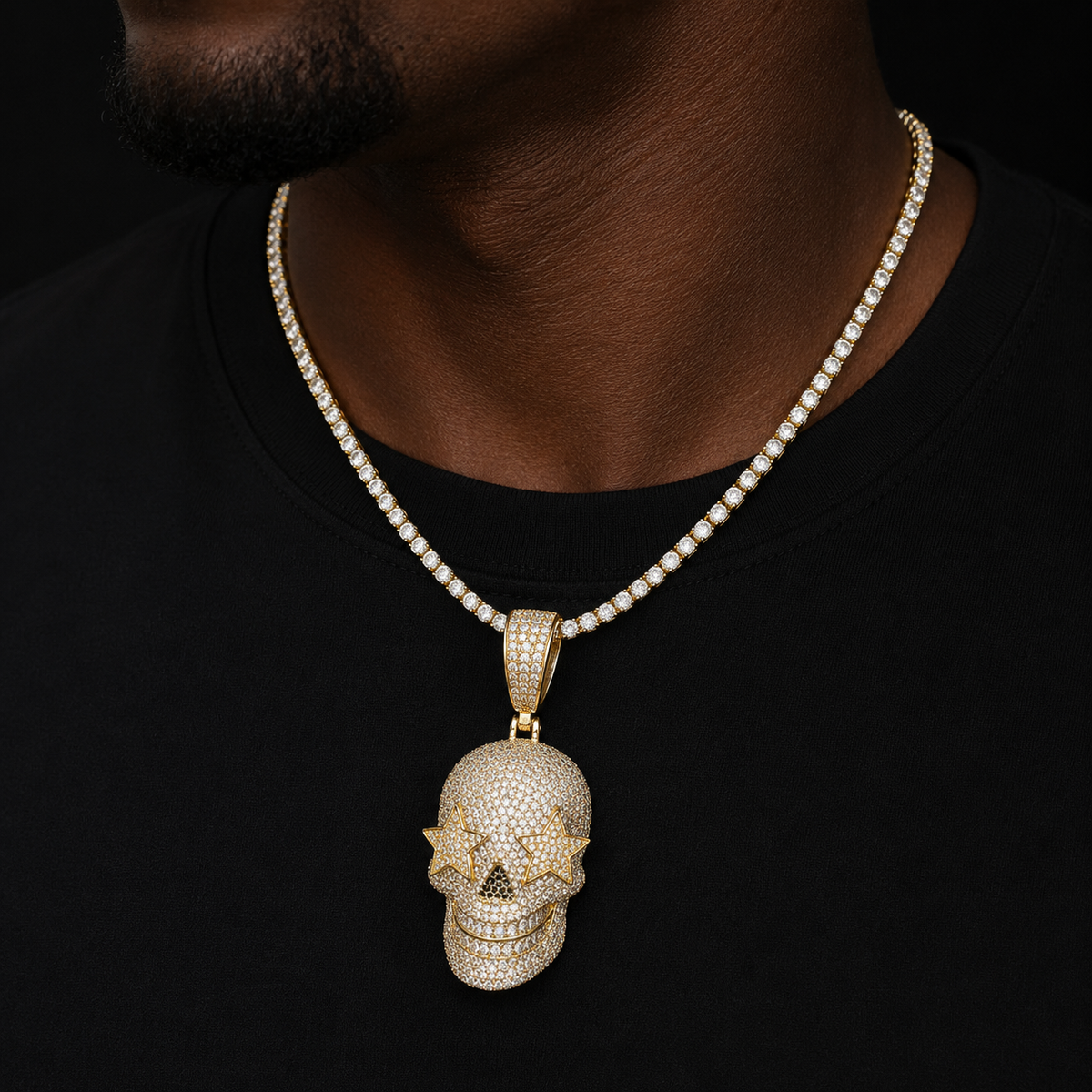 Bubble Letter Iced Out Skull Necklace Pendant for Men Prong Setting Five Stars Eyes Real Copper Cubic Zirconia Hip Hop Jewelry