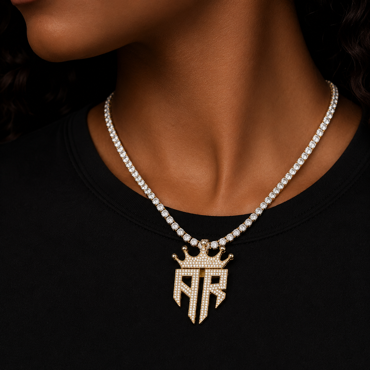 Bubble Letter Iced Out Crown R Letter Necklace Pendant for Women Prong Setting Real Gold Plated Cubic Zirconia Hip Hop Jewelry