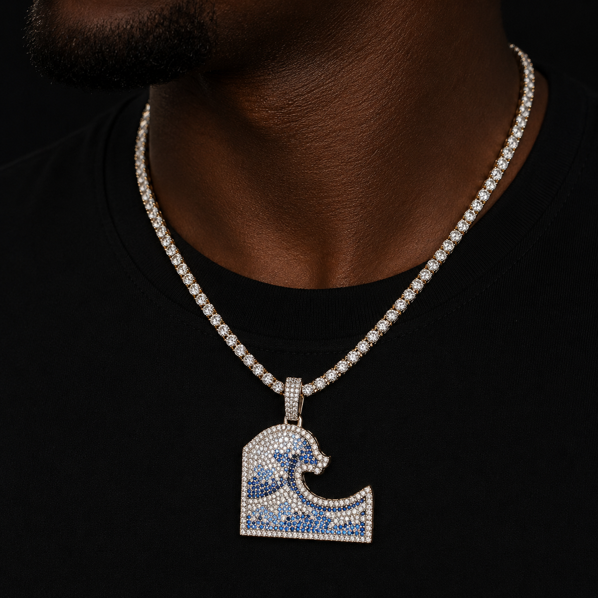 Bubble Letter Iced Out Necklace for Men Ocean Wave Pendant Real Copper Cubic Zircon Hip Hop Jewelry