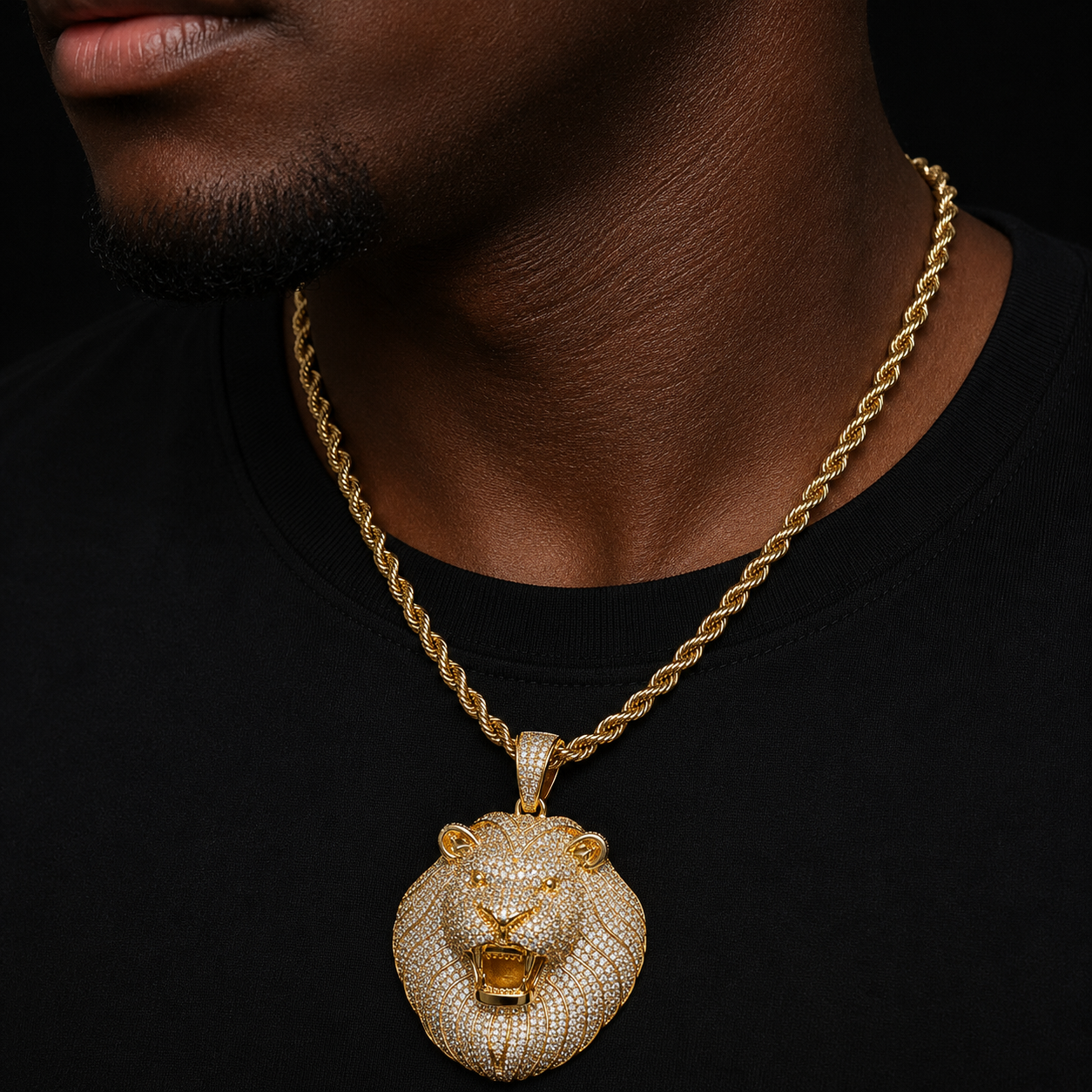Bubble Letter Iced Out Lion Head Necklace Prong Pendant Cubic Zirconia Real Gold Plated Hip Hop Jewelry