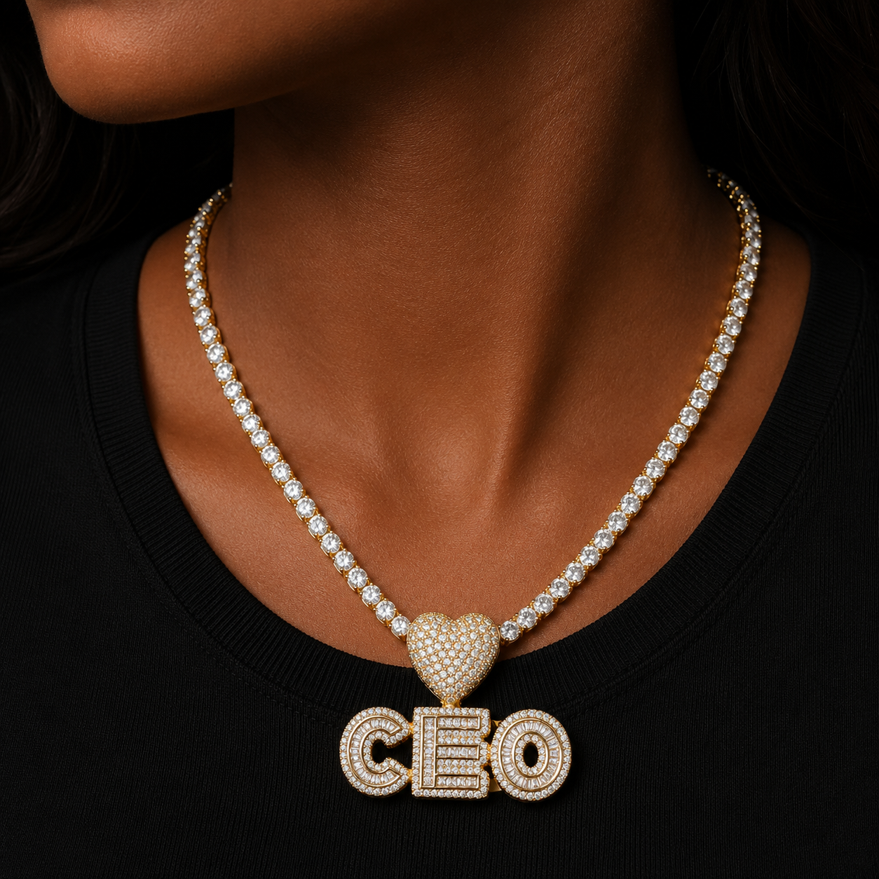 Bubble Letter Small Baguette Custom Name Necklace for Women Iced Out Personalized Pendant Heart Bail Charms Baby Kids Hip Hop Je