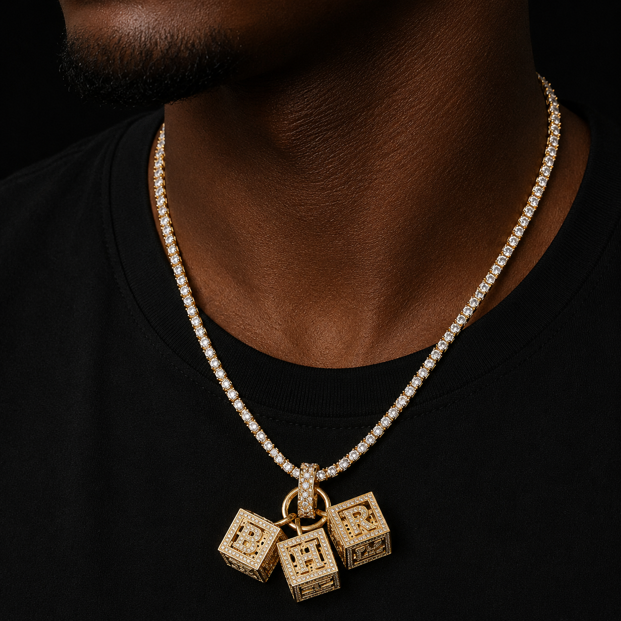 A-Z Single Stereoscopic Square Letter Pendant With Tennis Chain Necklace Gold Color Cubic Zircon Men Women Hip Hop Rock Jewelry