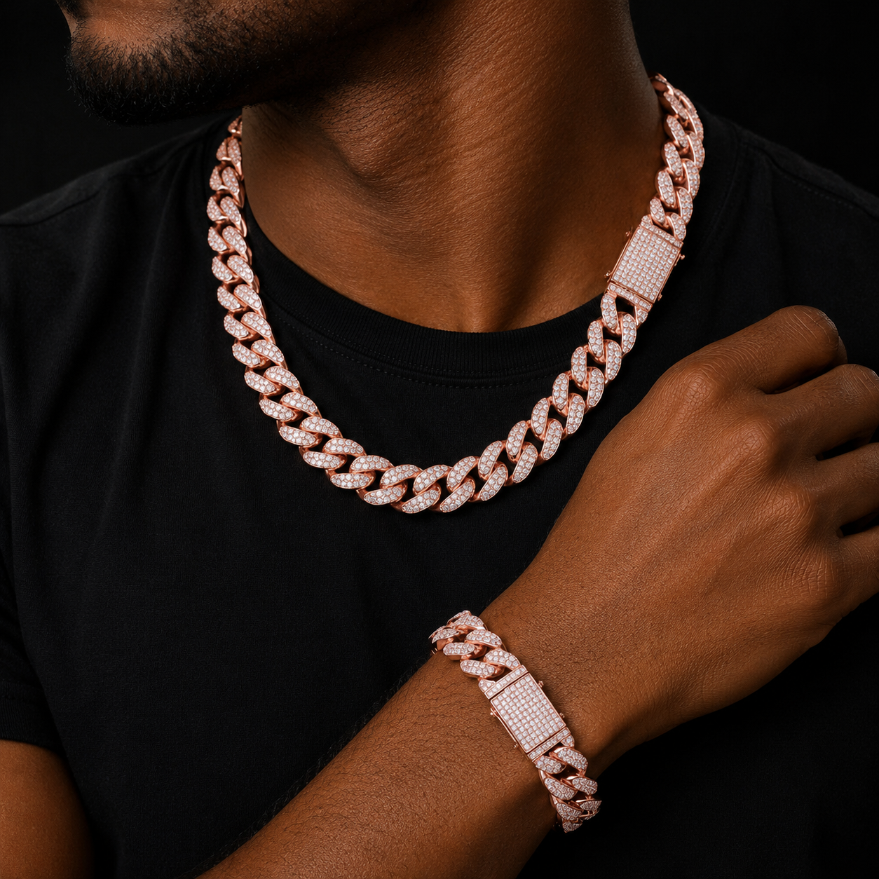 Cuban Chain Necklace Bracelet Jewelry Set Gold Color CZ Men's Hip Hop Rock Style