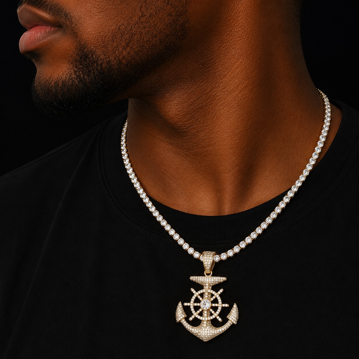 Anchor Shape Pendant Necklace Cubic Zircon Men's Hip Hop Rock Jewelry