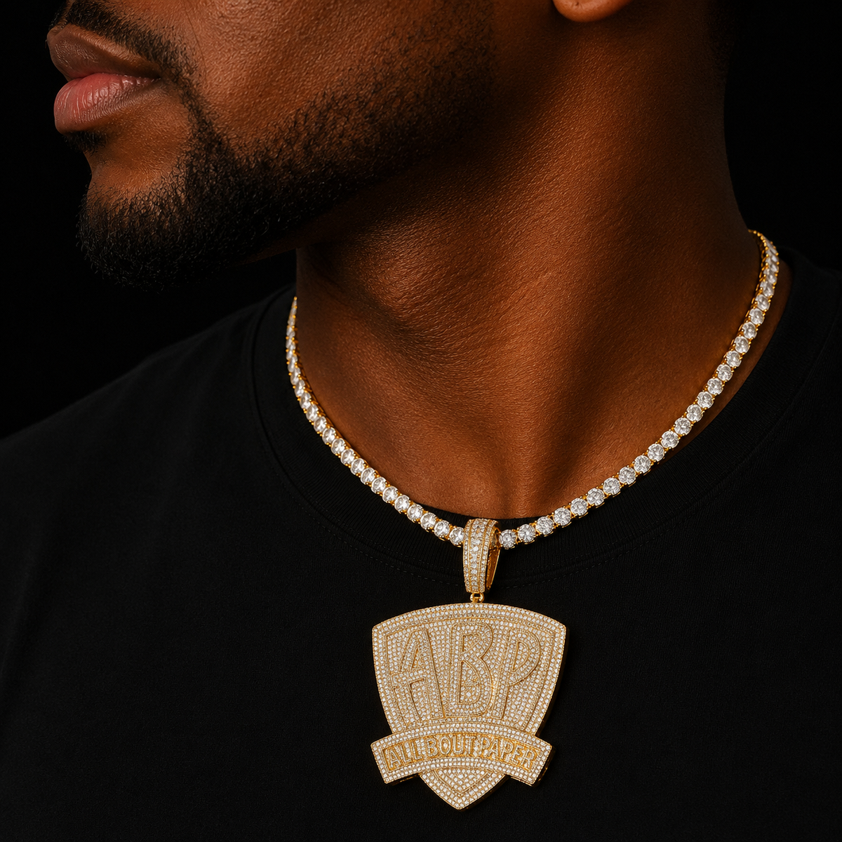 Bubble Letter Iced Out Pendant Prong Setting All BOUI PAPER Necklace for Men Real Gold Plated Hip Hop Jewelry