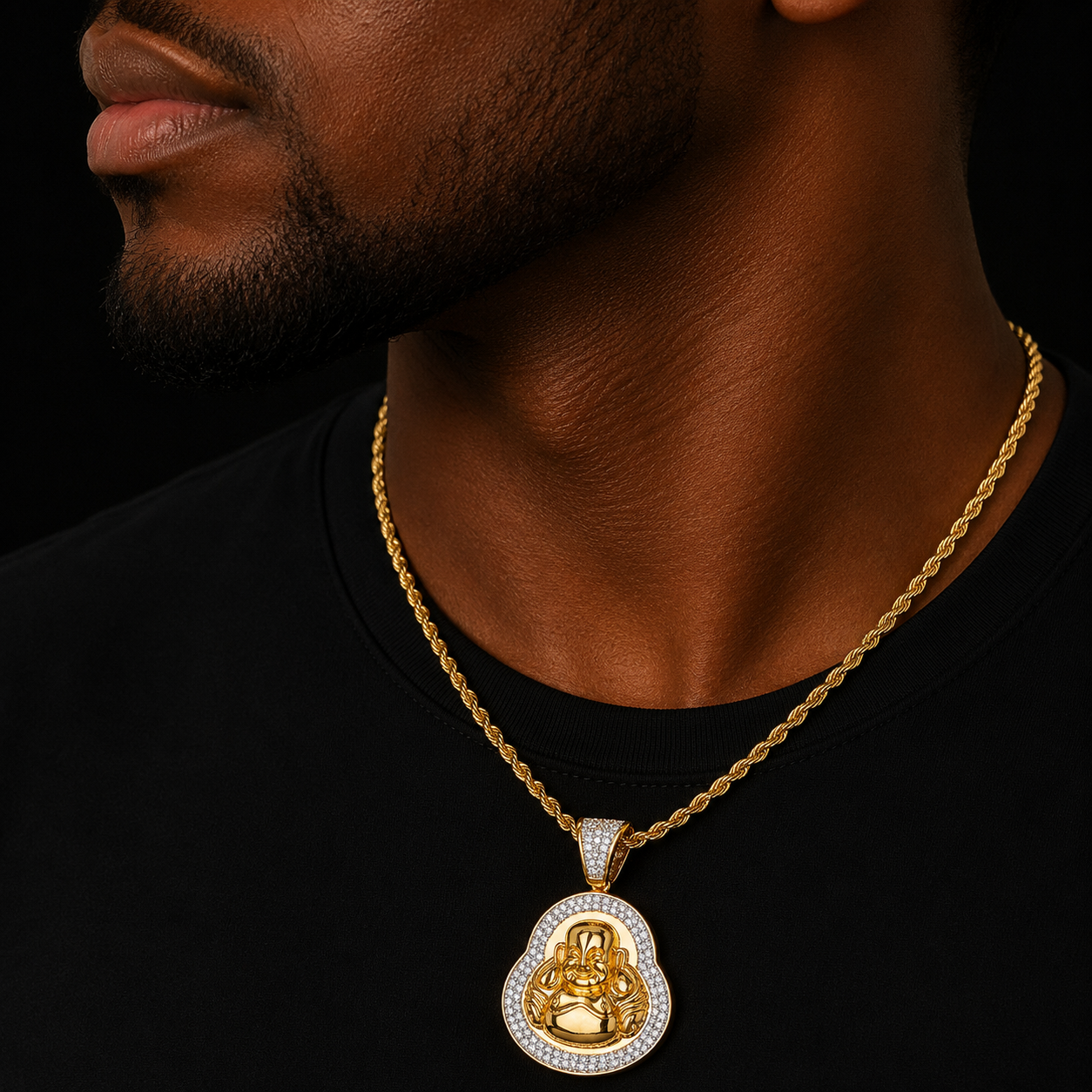 Religious Buddha Pendant Necklace Charms Gold Color Cubic Zircon Men's Hip Hop Jewelry