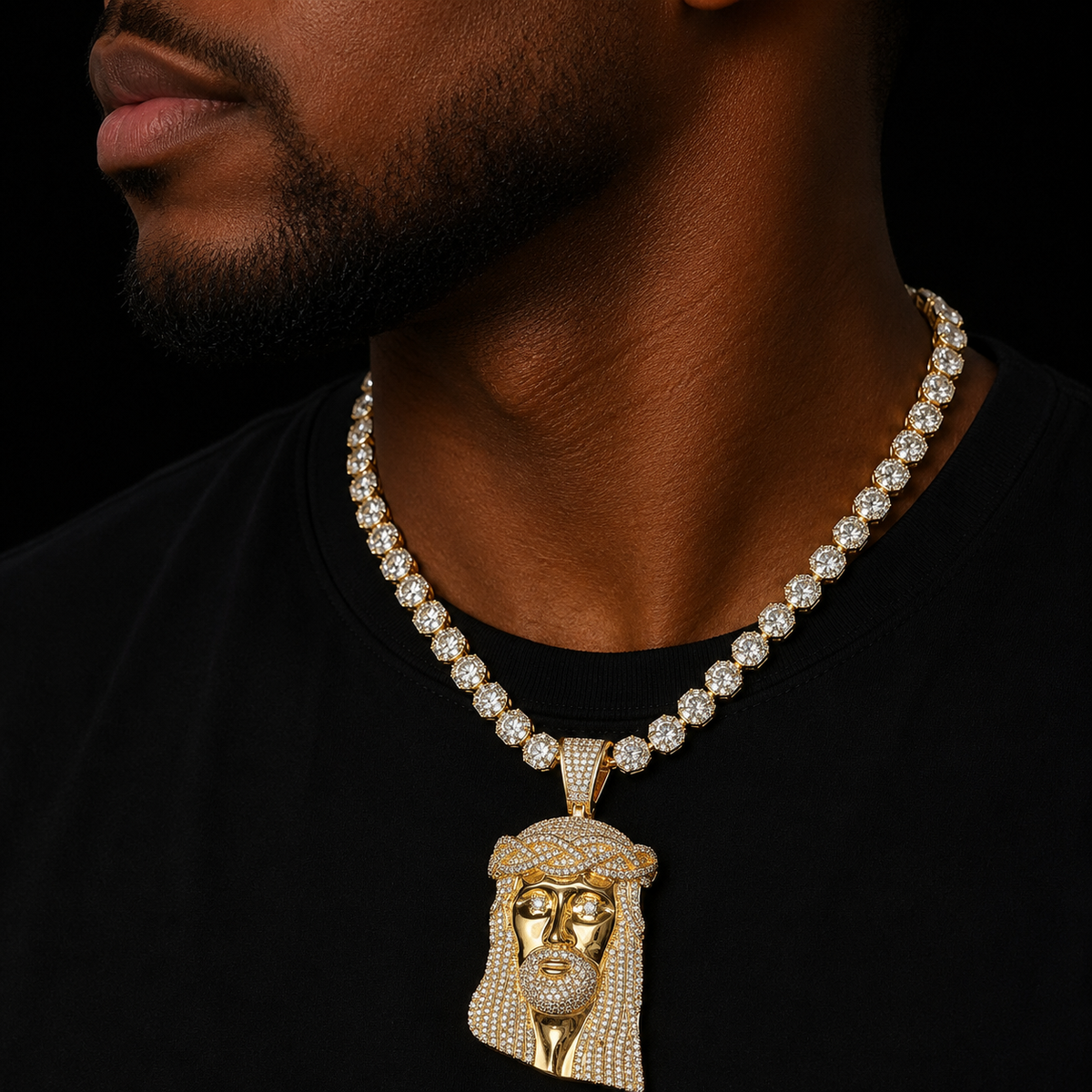 No Chian Religious Jesus Head Pendant Men's Hip Hop White Gold Plated Jewelry