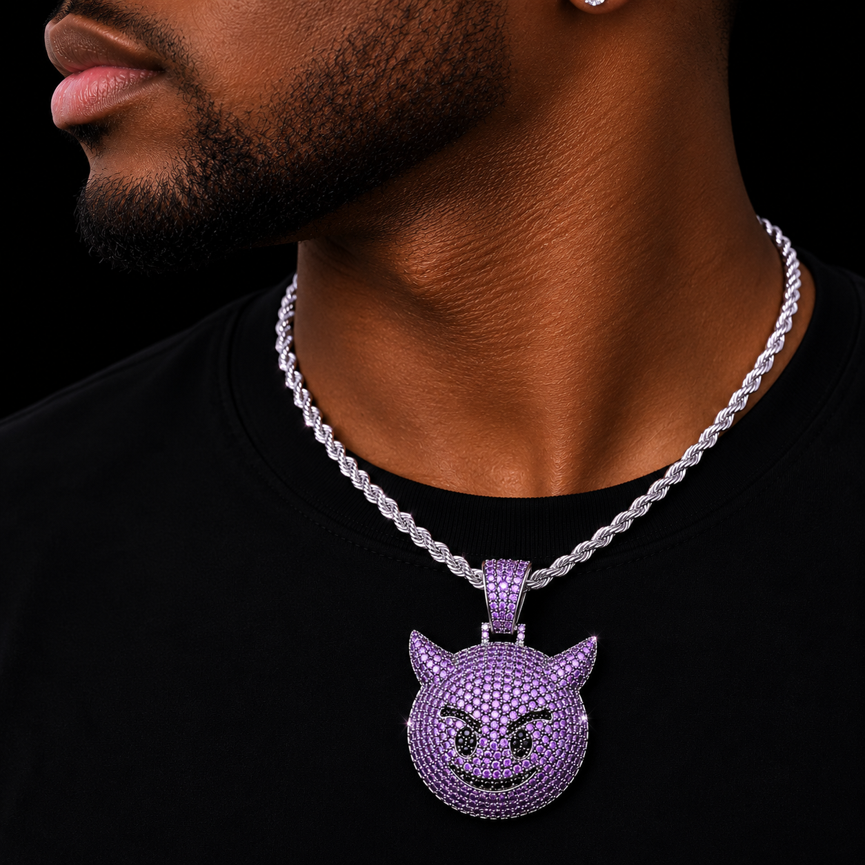 Purple Color Demon Evil Expression Necklace & Pendant Bling Zircon Fashion Hip Hop Rock Street Jewelry