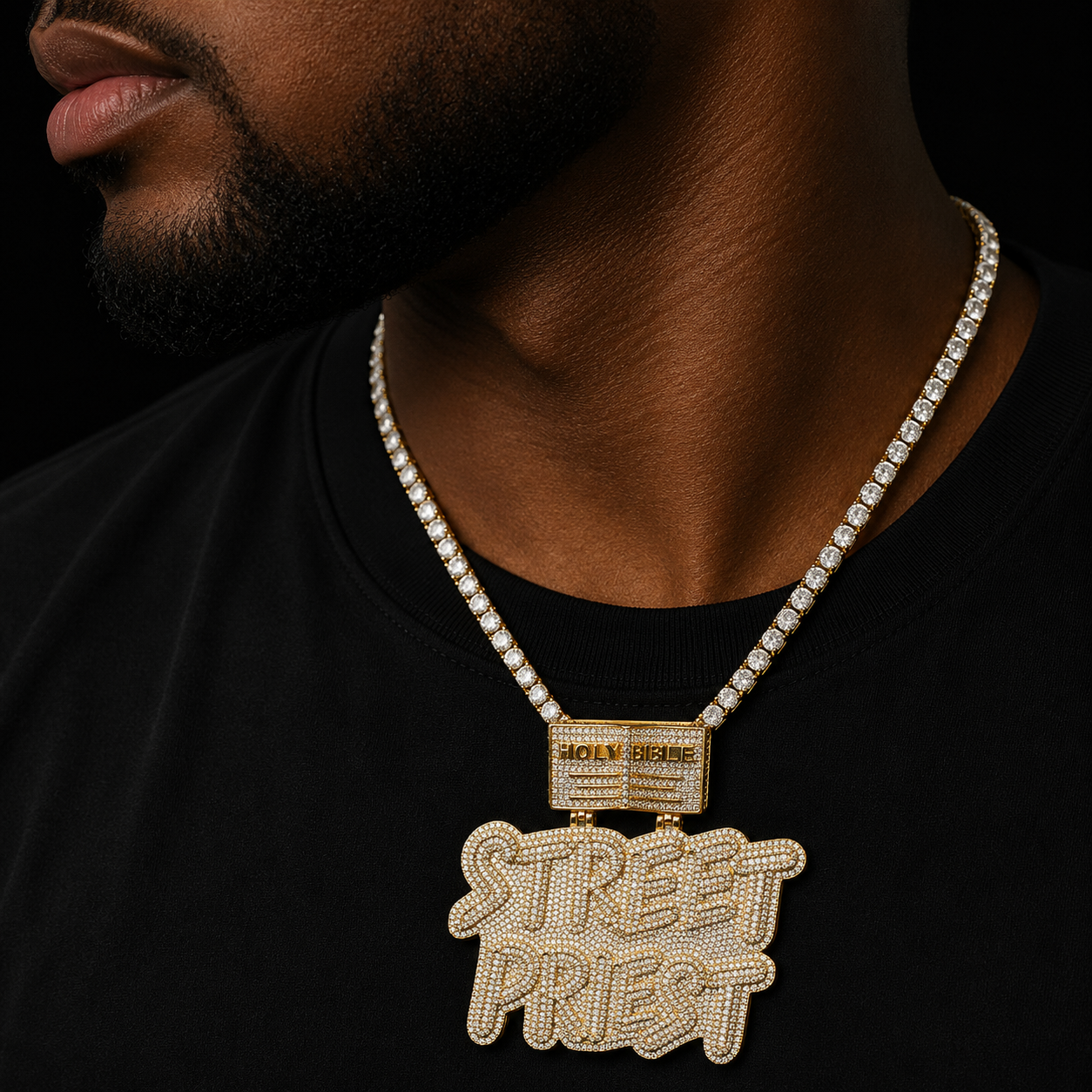 Bubble Letter Iced Out Street Priest Pendant Necklace Prong Setting Cubic Zirconia Real Gold Plated Hip Hop Fashion Jewelry