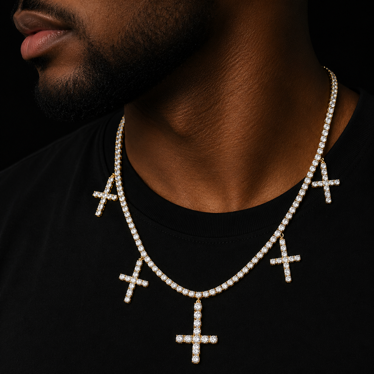 Zircon Cross Pendant Necklace Chain Gold Color Men's Hip Hop Jewelry