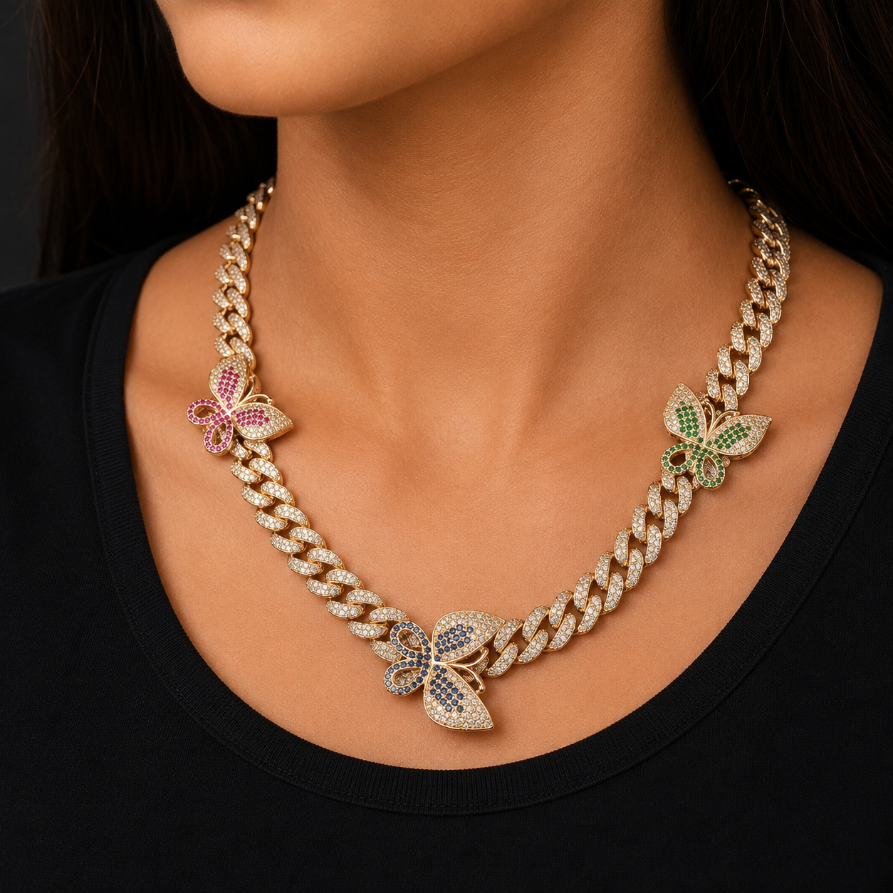 10mm Colorful Zircon Miami Cuban Link Necklace With Butterfly Bling Women Jewelry AAAA Charm Hip Hop Chain