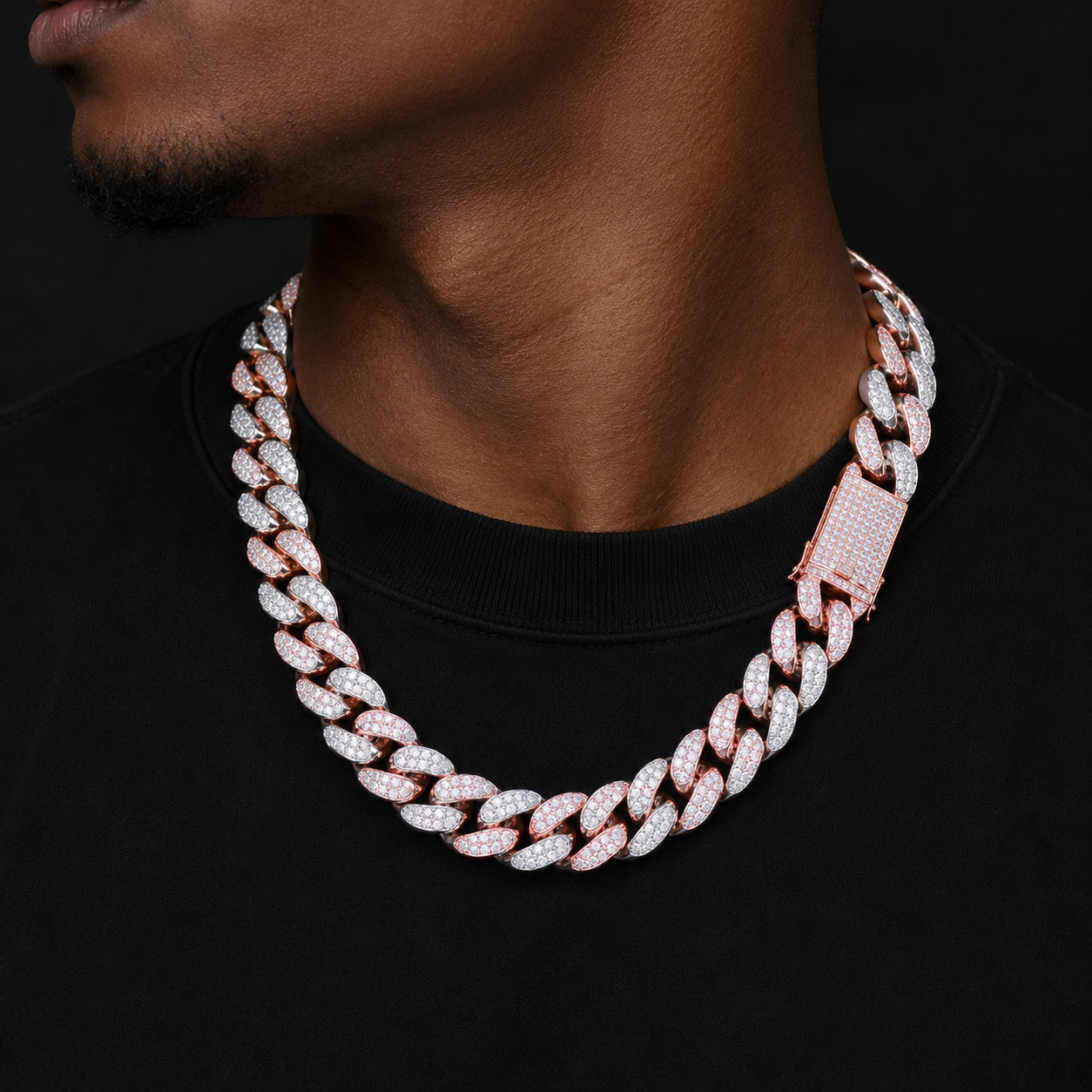 Bubble Letter 20mm Heavy Rose Color Zircon Miami Cuban Link Chain for Men Necklace Choker Hip Hop Jewelry Free Shipping Items