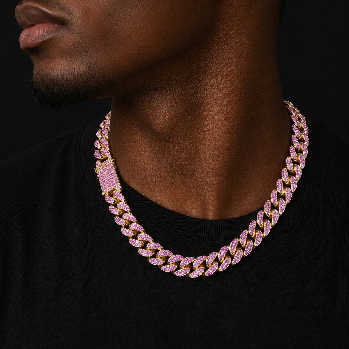 20mm Heavy Pink Color Zircon Miami Cuban Chain Necklace Big Choker Bling Bling Hip hop Men Jewelry Link 16" 18" 20"