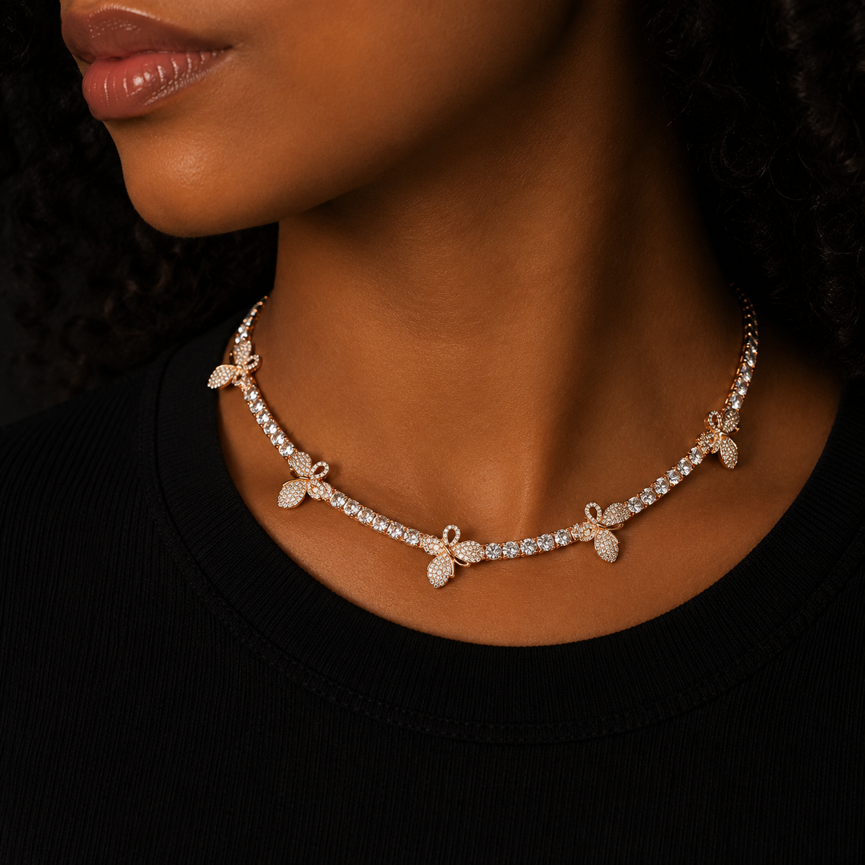 Bubble Letter Butterfly Tennis Chain for Women Choker Iced Out Charms Hip Hop Jewelry