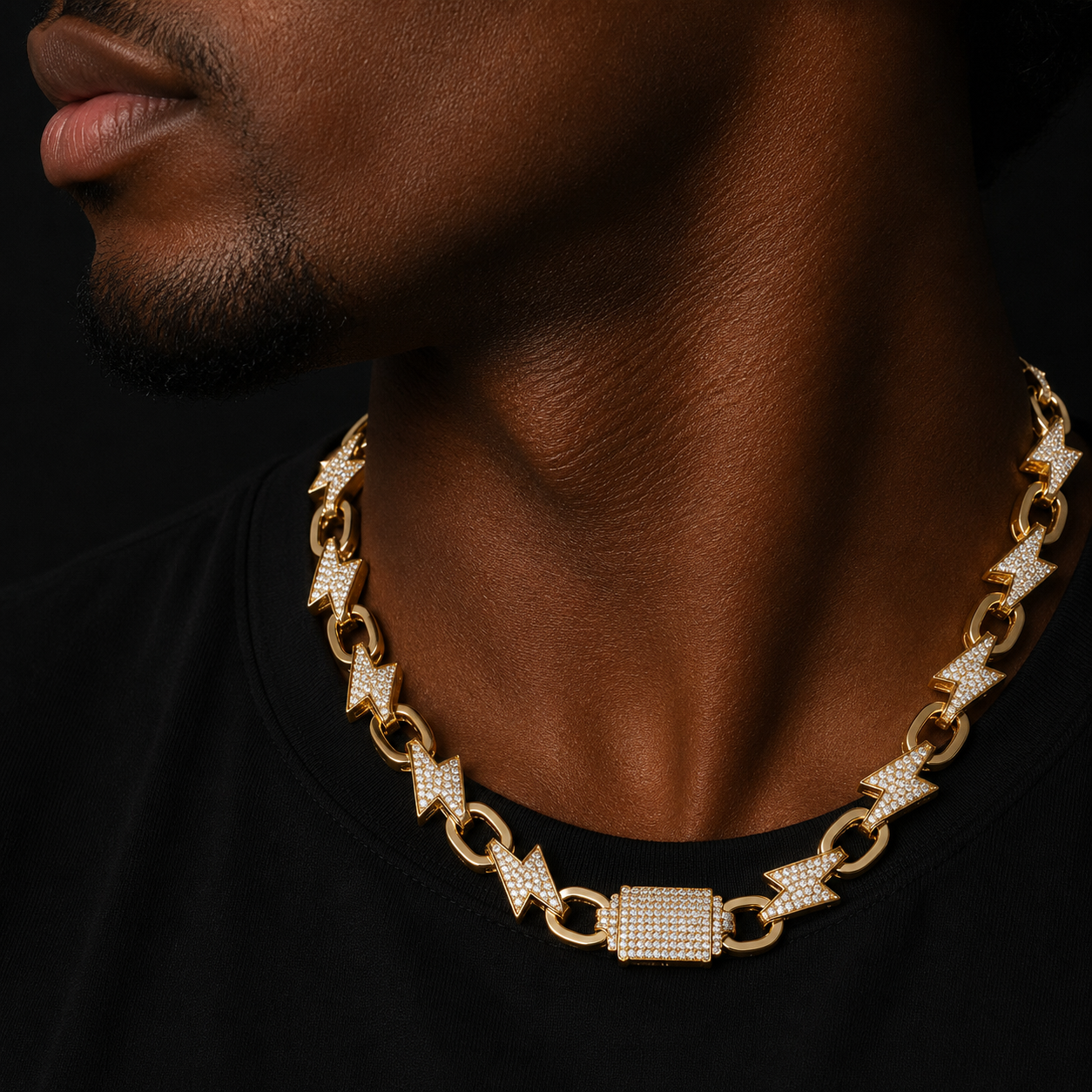 Bubble Letter Iced Out Lightning Cuban Link Chain for Men Choker Necklace Real Gold Plated Prong Setting Cubic Zirconia Hip Hop