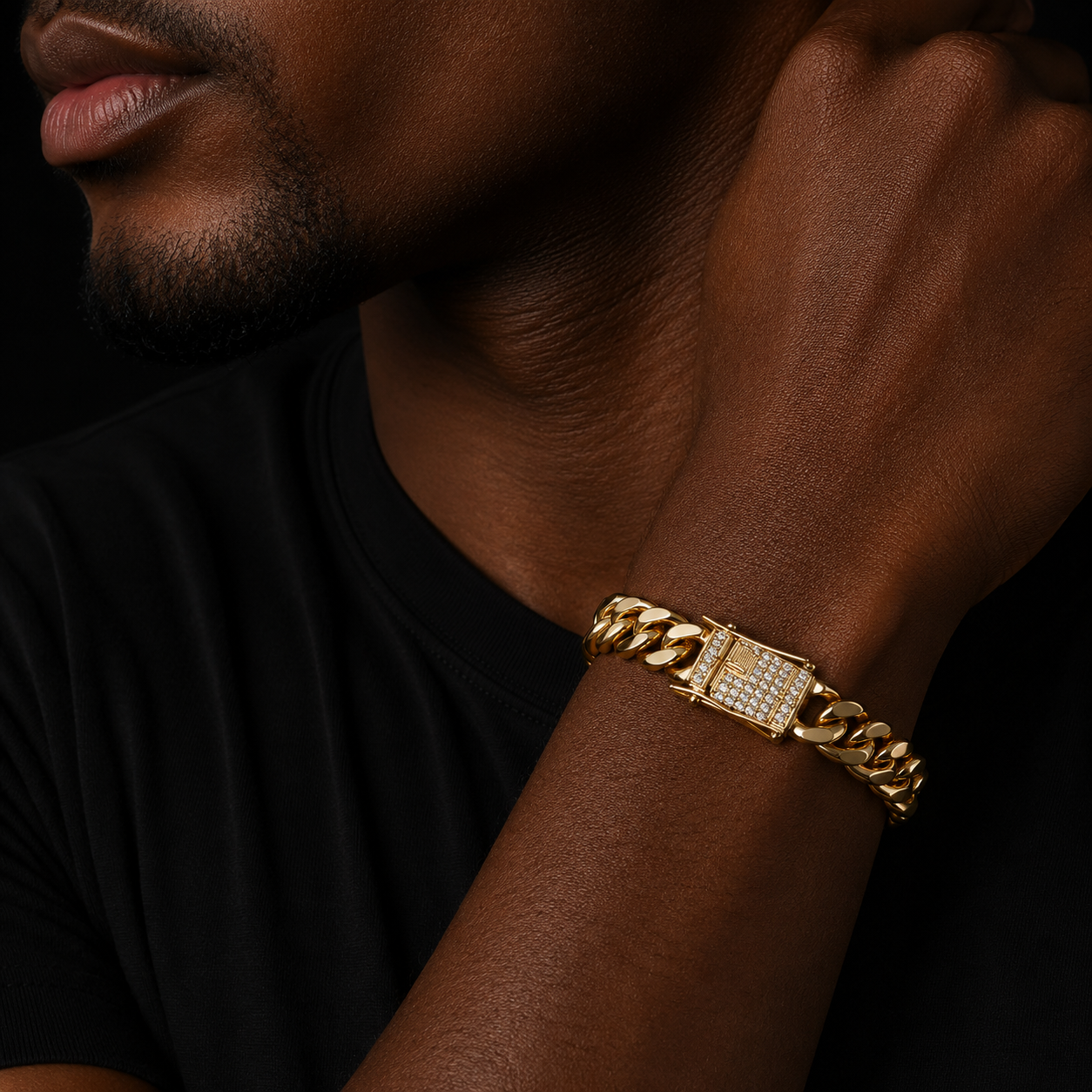 Bubble Letter Men's Stainless Steel Cuban Miami Link Bracelet Iced Rhinestone Clasp Gold Color Hip hop Bracelet Chain 21.5CM