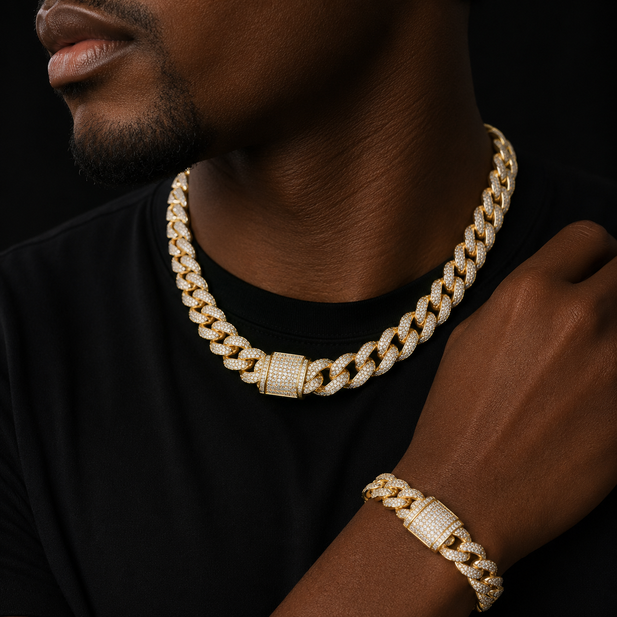 Bracelet & Necklace Jewelry Set Gold Color Cubic Zirconia For Men's Hip Hop Rock
