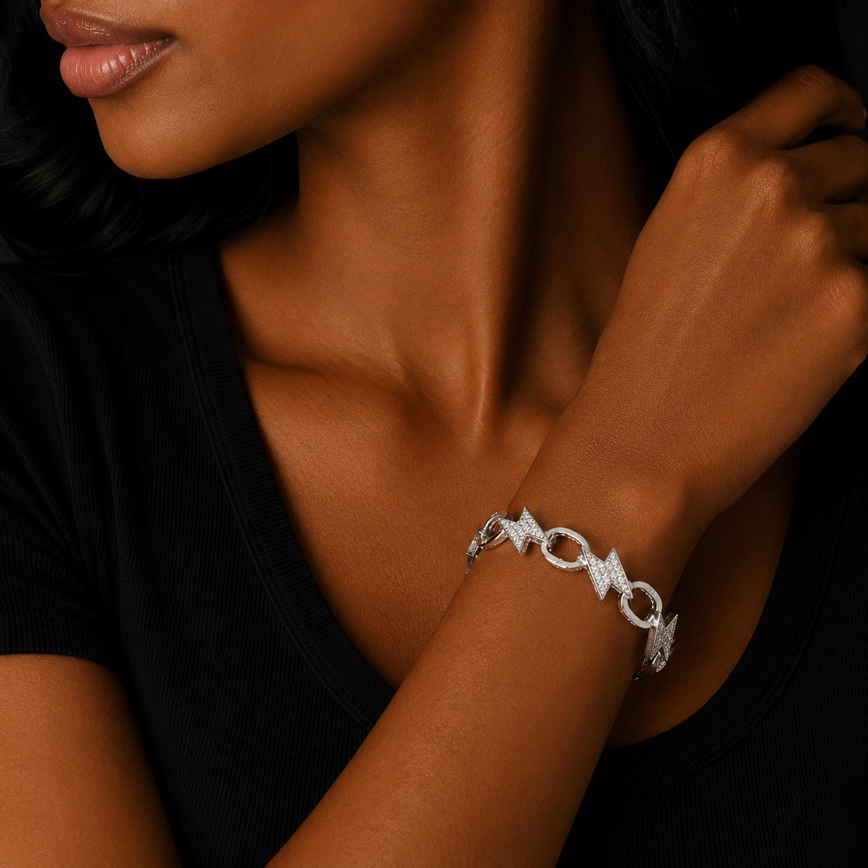 Bubble Letter Lightning Bolt Bracelet for Women Iced Out Cuban Link Gold Plated Real Copper Prong Setting Hip Hop Jewelry