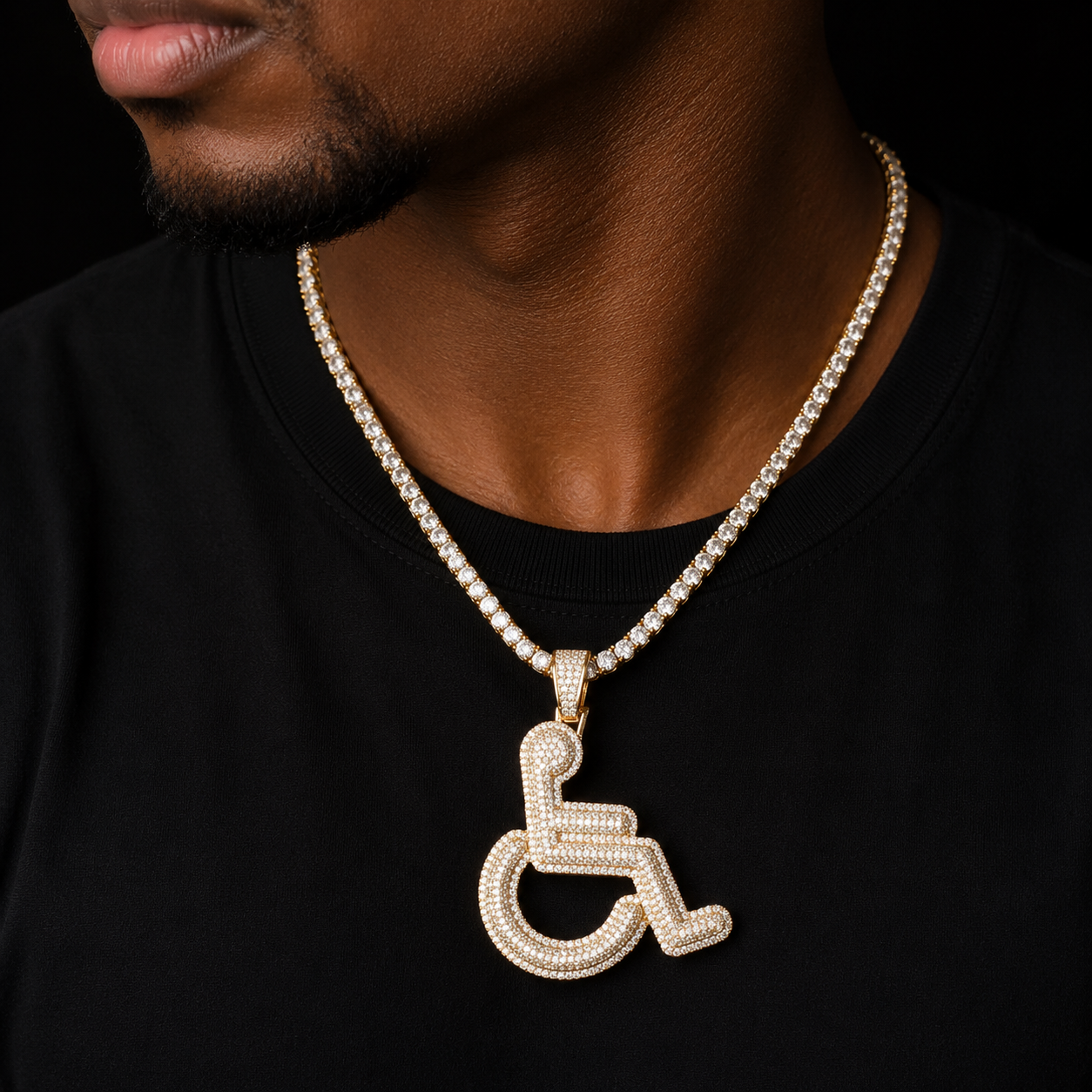 Bubble Letter Wheelchair Handicap Sign Pendant Necklace Gold Color Charm Bling Cubic Zircon Men's Hip hop Rock Jewelry