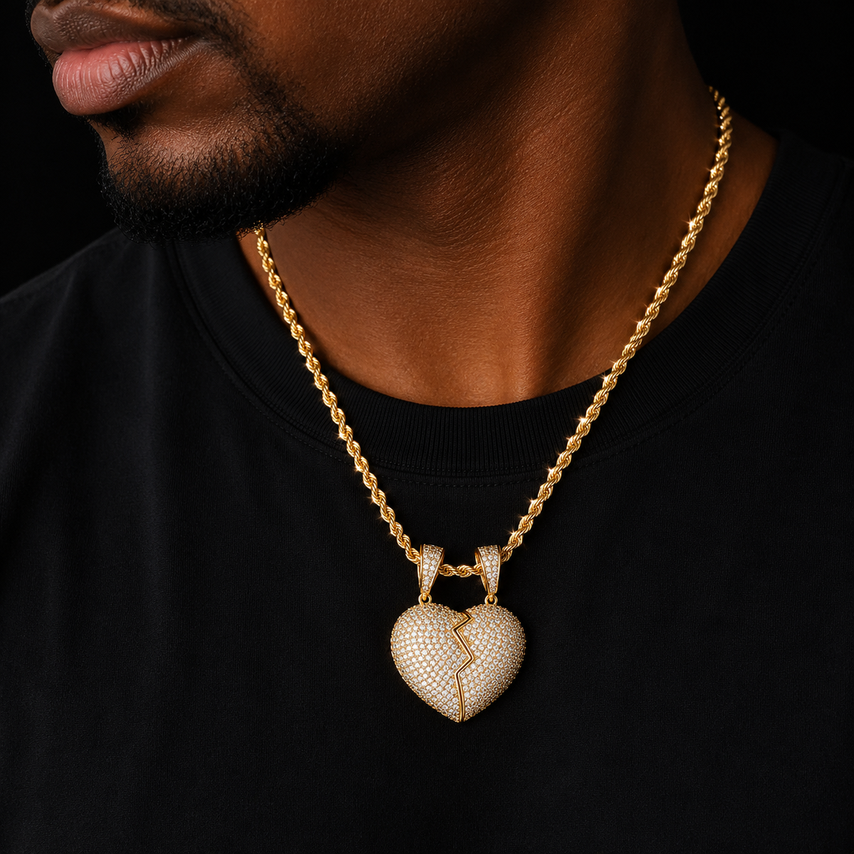 Couple Heart Pendant Necklace Gold Color Plated AAA Cubic Zircon Men's Hip Hop Rock Jewelry