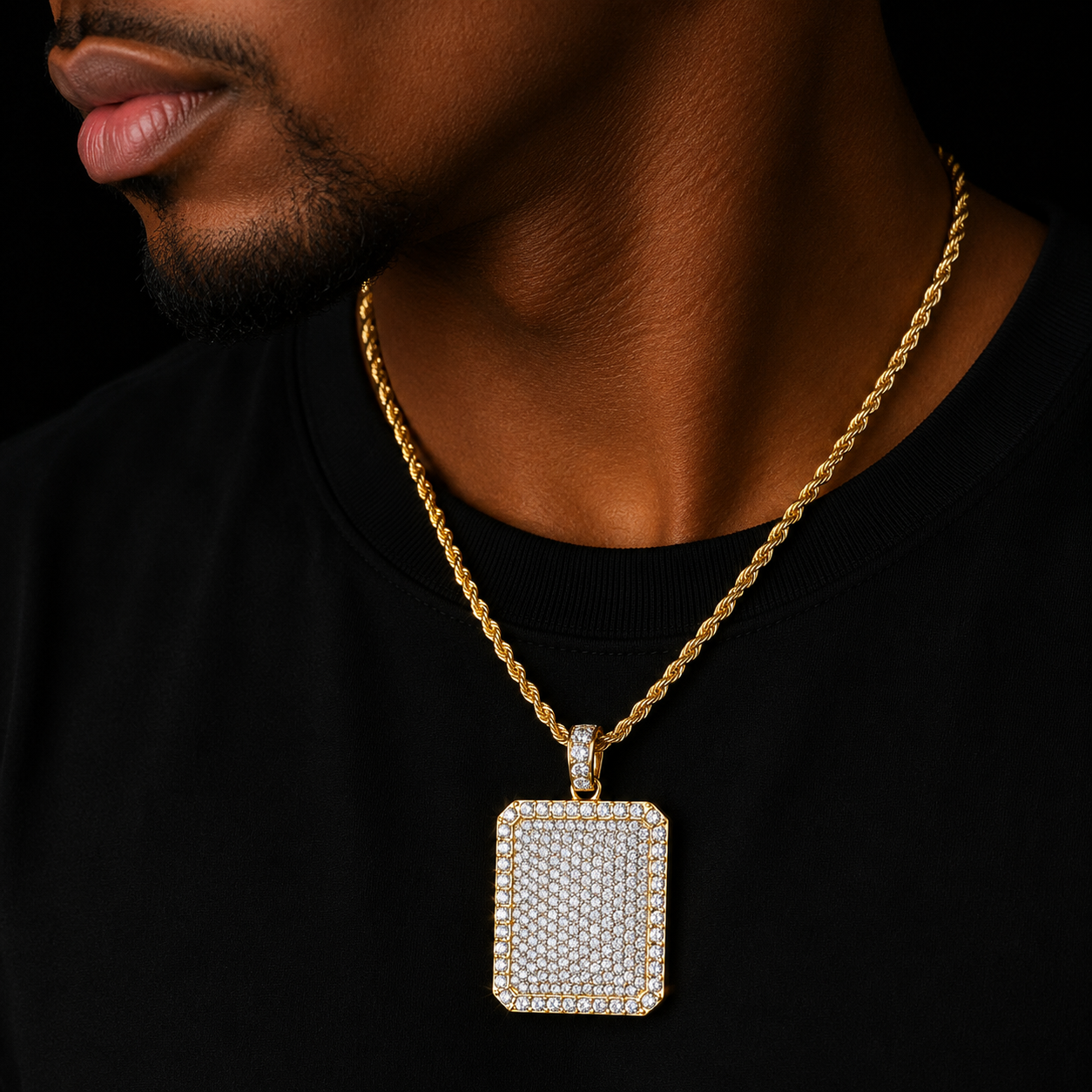 Bubble Letter Men Pendant Full Iced Rhinestone Gold Color Charm Square Dog Tag Necklace With Cuban Chain Hip Hop Jewelry