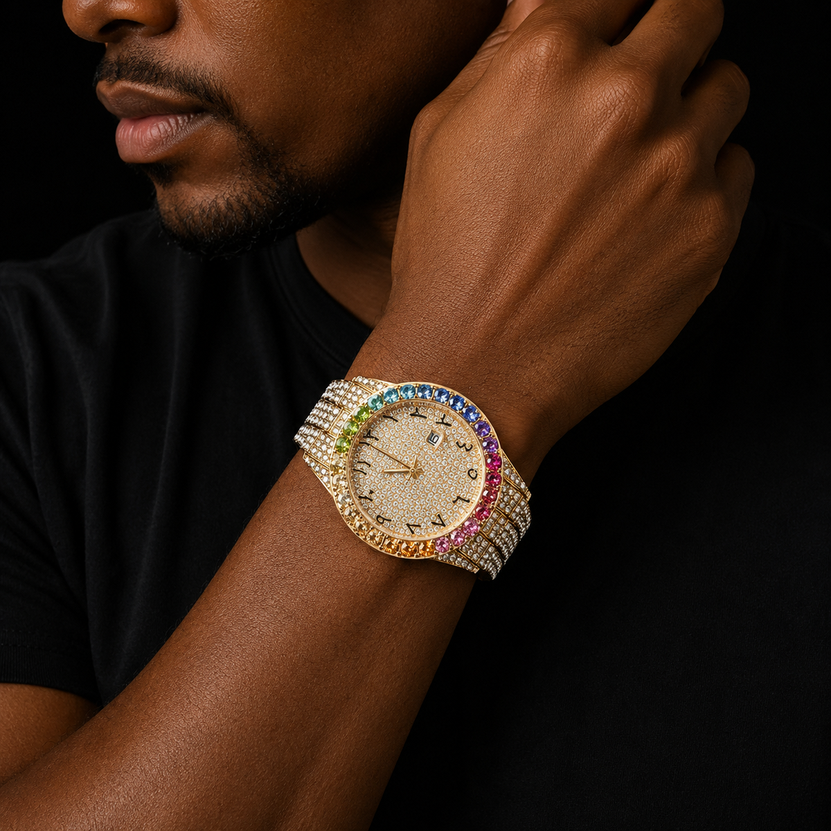 Men's watch Round Dial Military Quartz Clock Luxury Big Colorful Rhinestone Business Waterproof wrist watches Relogio Masculino