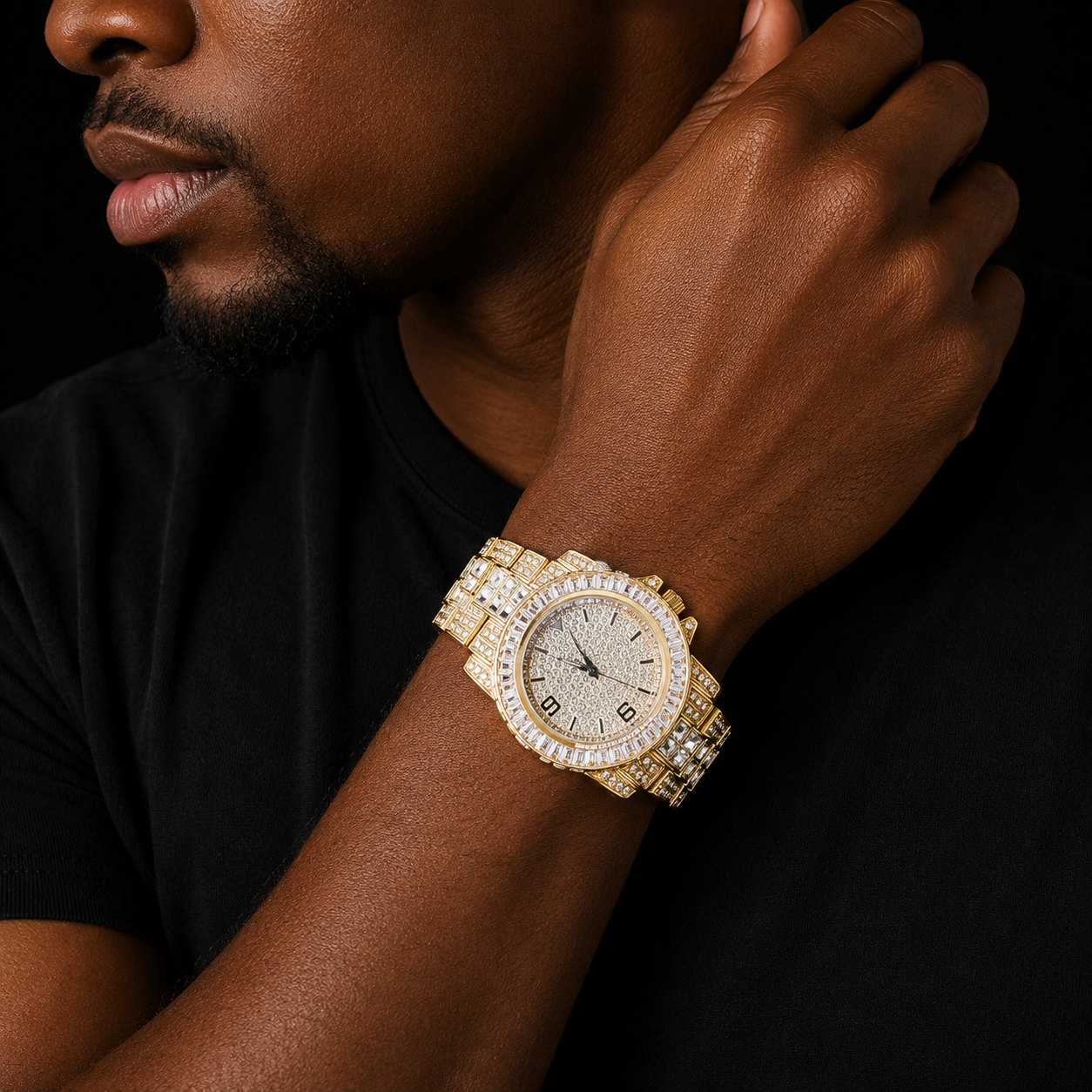 Men's Watch Real Gold Plated Big Dial Military Quartz Clock Luxury Baguette Rhinestone Waterproof Relogio Masculio
