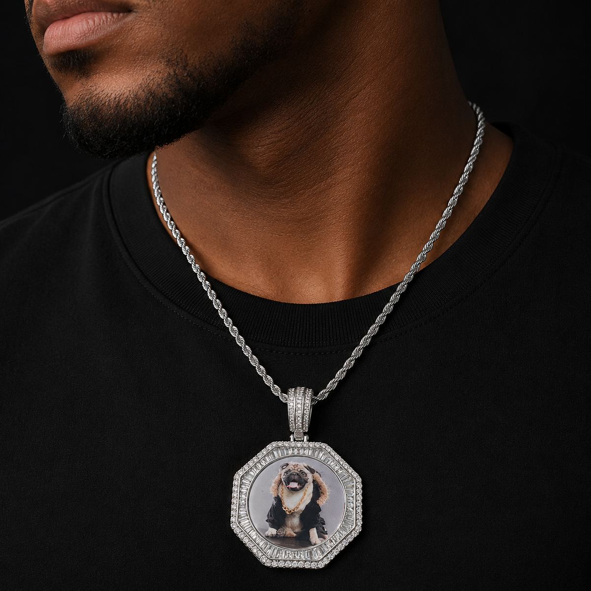 Bubble Letter Custom Photo Necklace for Men Polygon Shape Solid Back Personalized Pendant Hip Hop Jewelry