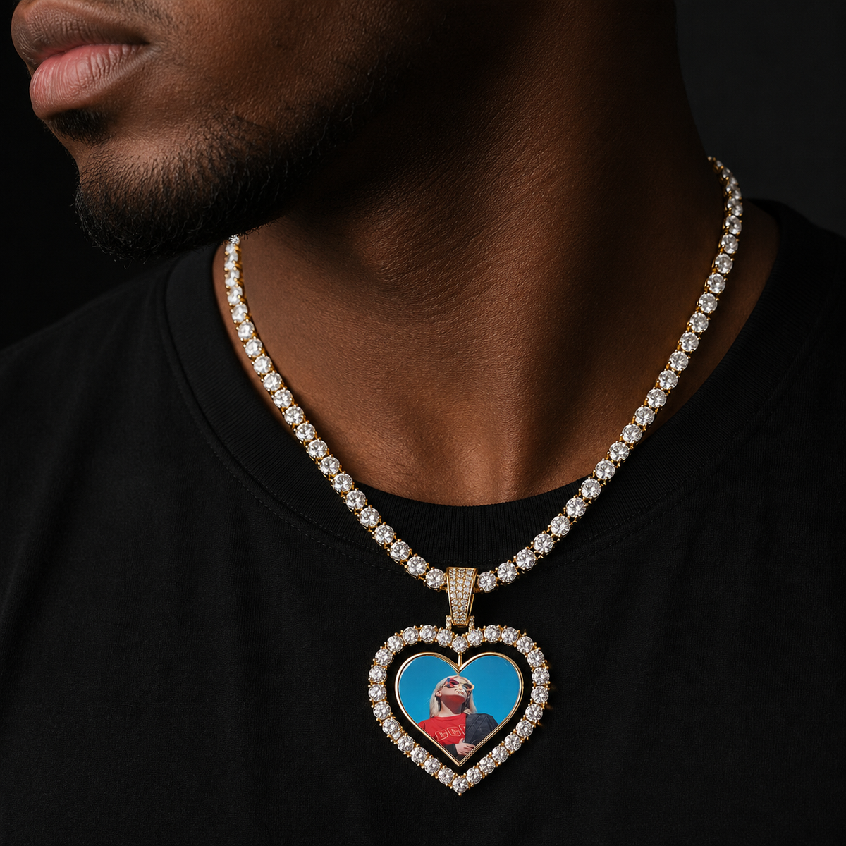 Bubble Letter Customized Picture Pendant Big Heart Rotating Photo Medallion Iced Out Real Gold Plated Hip Hop Jewelry