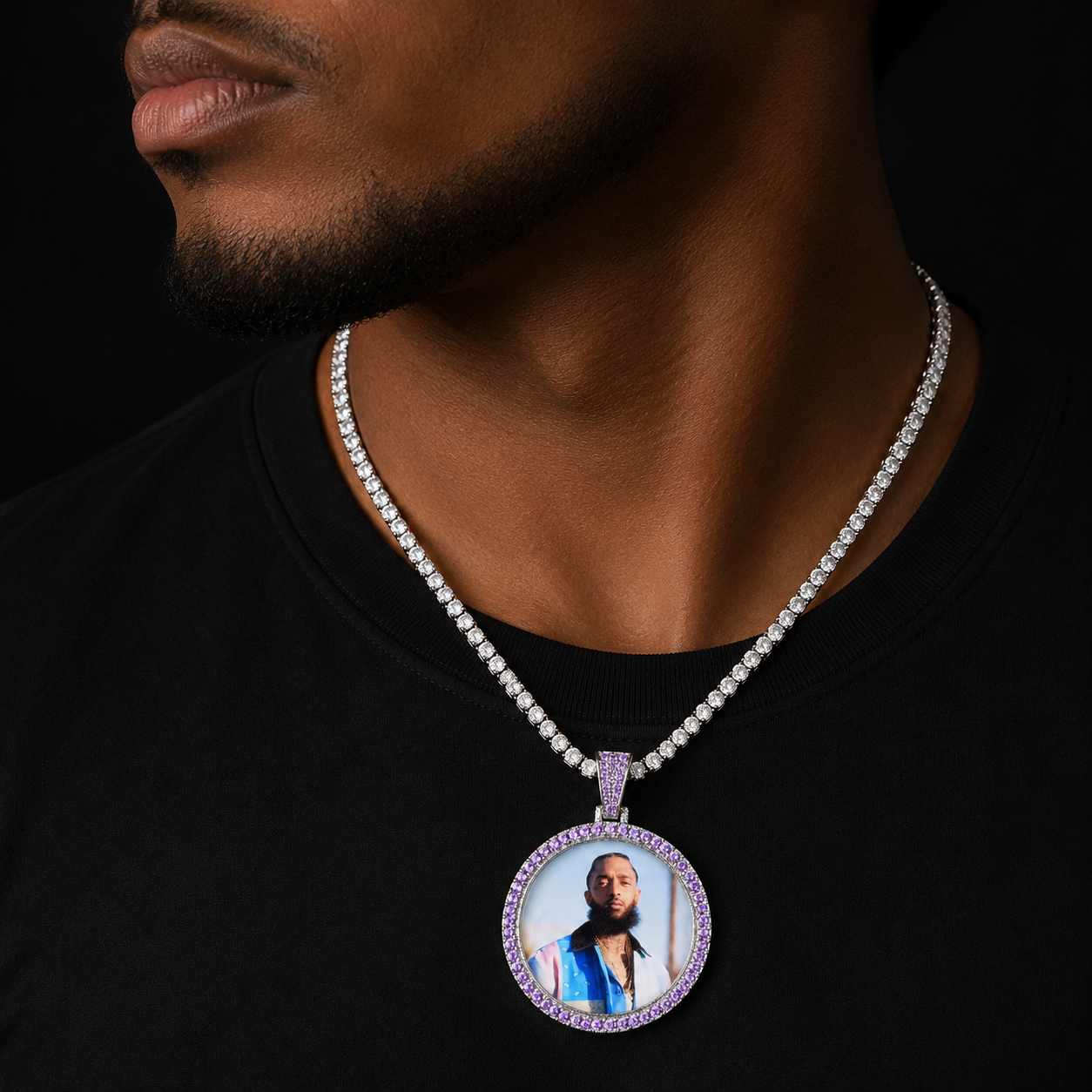 Bubble Letter Men Necklace Custom Photo Chain Picture Personalized Pendant Purple Stones Real Gold Plated Hip Hop Jewelry