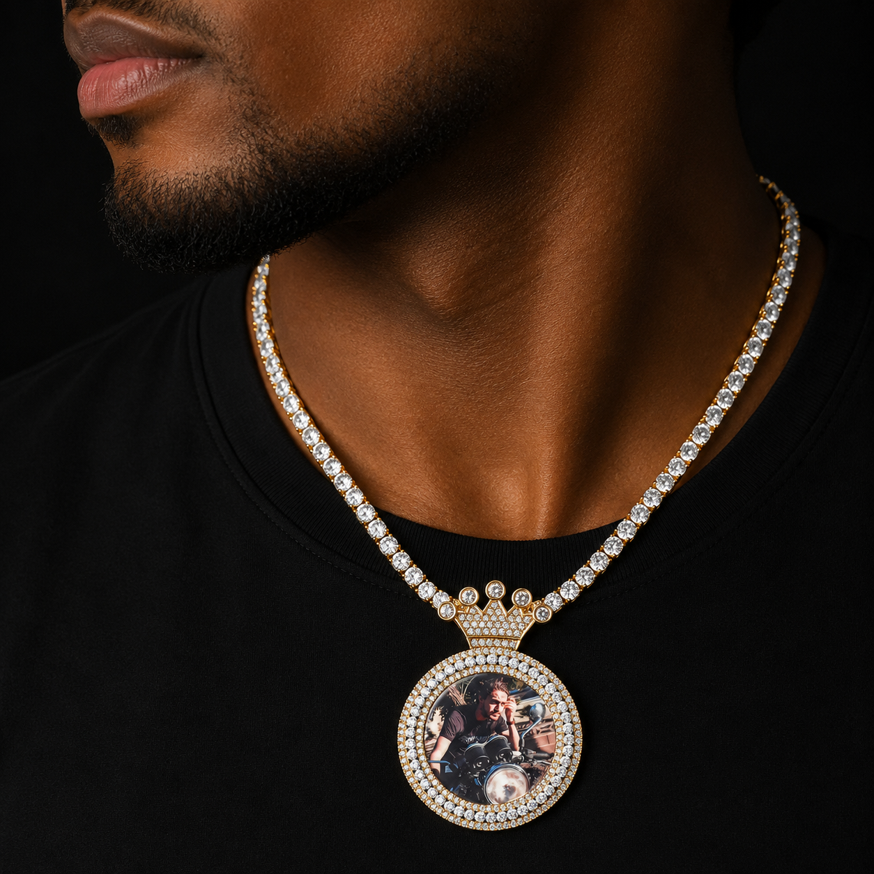 Bubble Letter Custom Photo Necklace for Men Picture Memory Crown Micro Pave Charms Gold Color Plated Hip Hop Rock Jewelry
