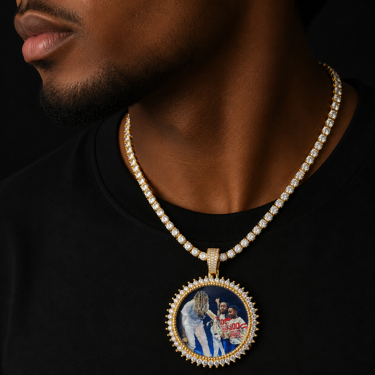 Bubble Letter Medallion Necklace for Men Iced Out Picture Pendant Personalized Real Gold Plated Hip Hop Jewelry