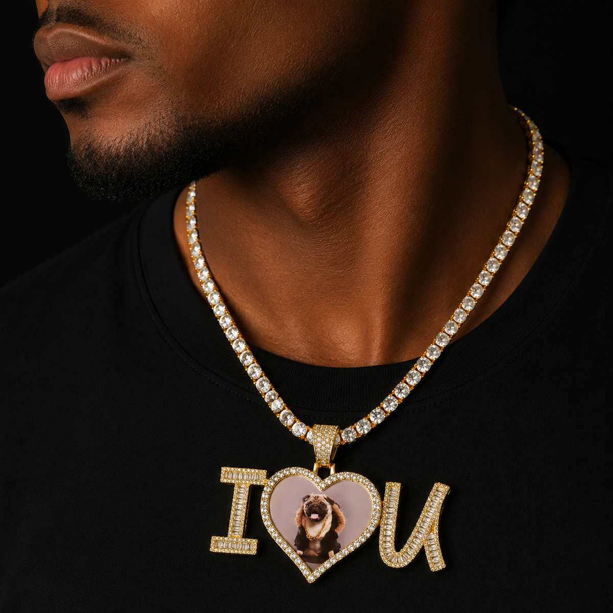 Bubble Letter Custom Photo Necklace for Men Heart Picture Pendant Hip Hop Jewelry Iced Out Charms