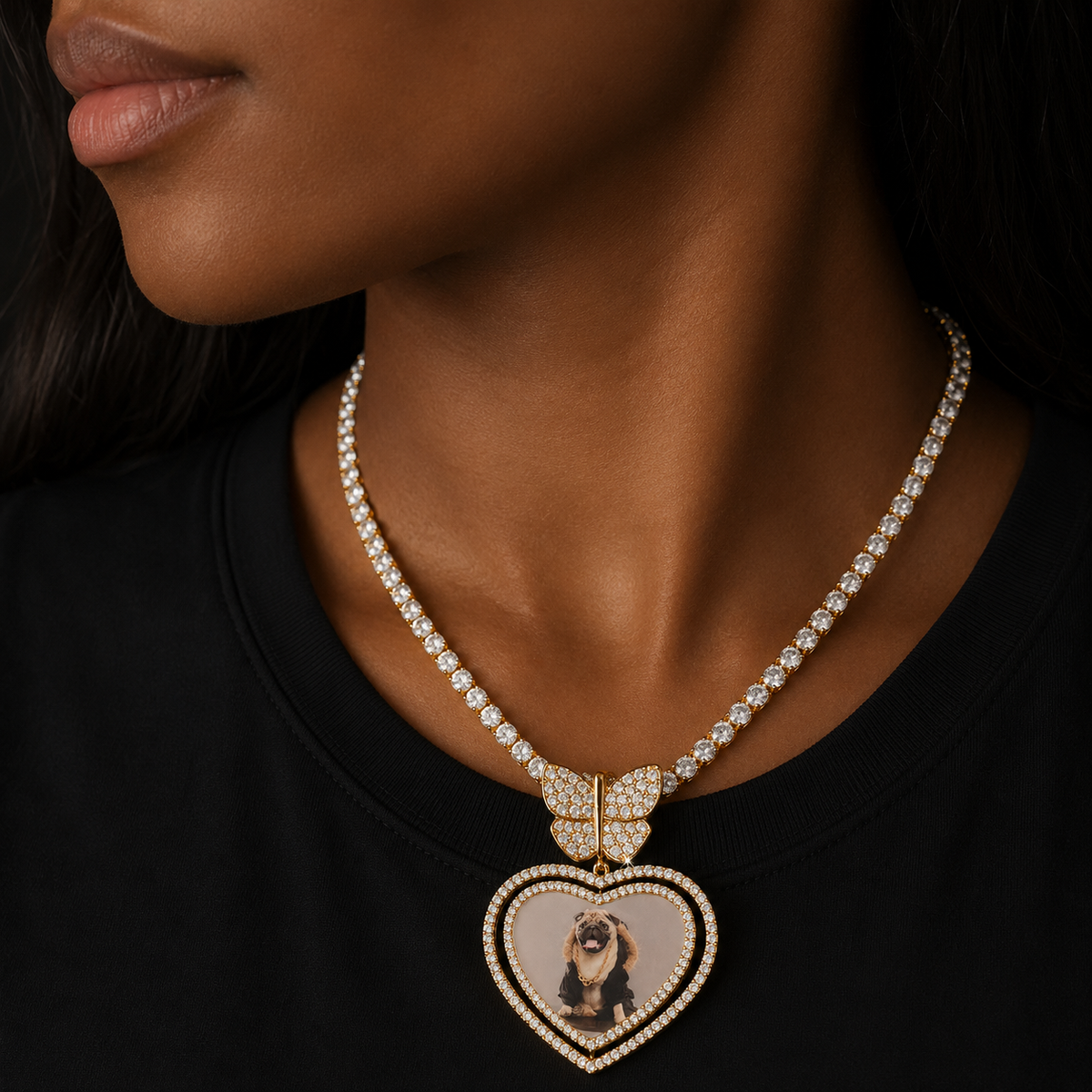 Bubble Letter Custom Photo Medallion Necklace for Women Rotating Heart Picture Pendant Butterfly Bail Bling Hip Hop Jewelry