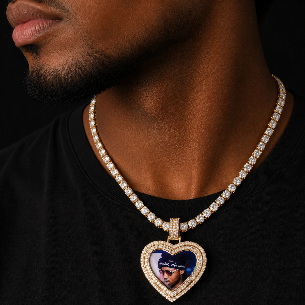 Bubble Letter Custom Photo Necklace for Men Picture Pendant Heart Baguette Charms Solid Back Micro Pave Hip Hop Jewelry