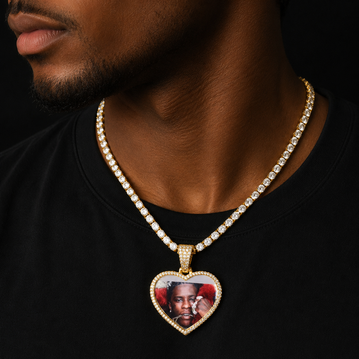Bubble Letter Custom Made Photo Heart Medallions Necklace & Pendant Solid Back Gold Color AAAAA Zircon Men Hip Hop Jewelry