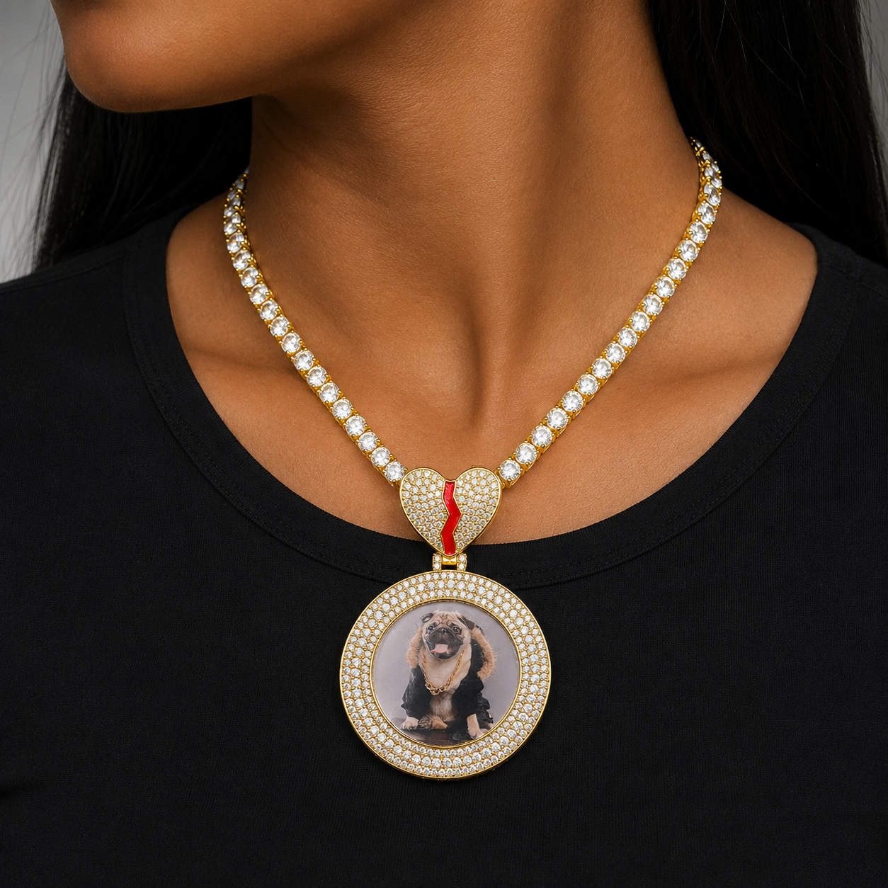 Bubble Letter Custom Photo Necklace for Women Personalized Picture Pendant Broken Heart Bail Hip Hop Jewelry