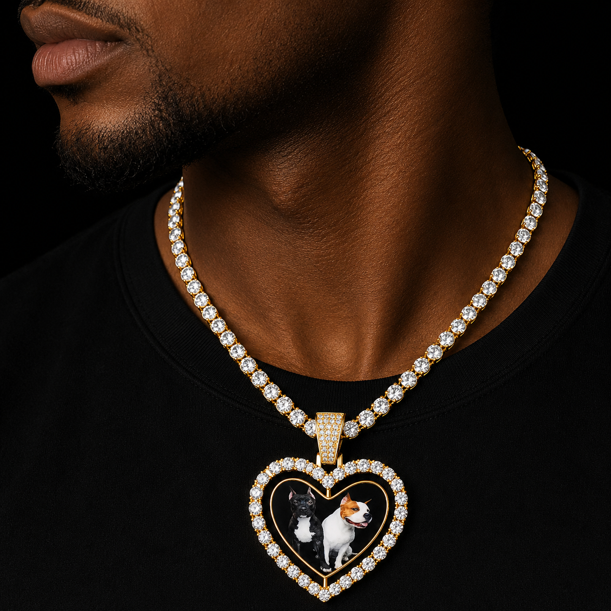Custom Made Photo Rotating Double-Sided Heart Pendant Necklace Zircon Men's Hip Hop Rock Jewelry