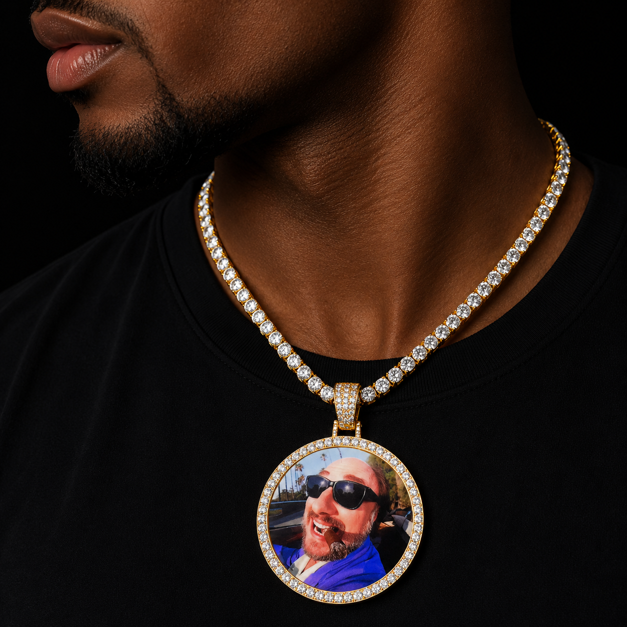 Bubble Letter Custom Photo Necklace for Men Personalized Medallions Picture Pendant Solid Back  AAAA Zircon Hip Hop Jewelry
