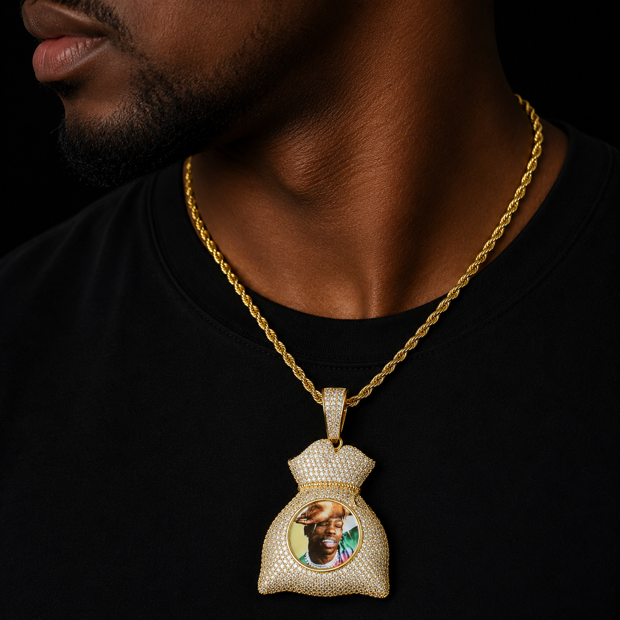 Bubble Letter Custom Photo Medallion Picture Pendant Necklace for Men Real Money Bag Charms Gold Plated Hip Hop Jewelry