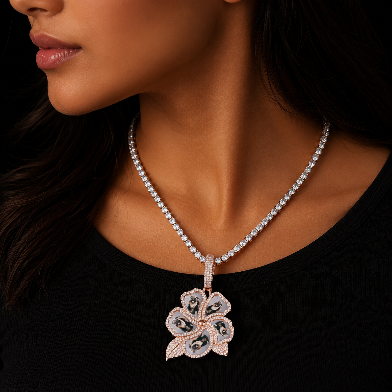 Bubble Letter Iced Out Personazlied Photo Pendant Custom Picture Necklace for Women Flower Charms Hip Hop Jewelry