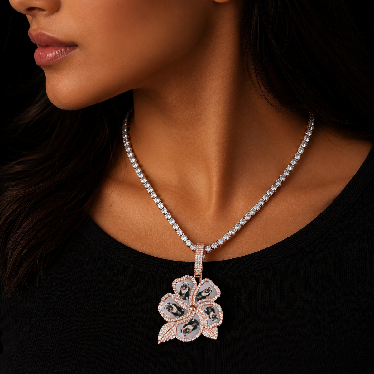 Bubble Letter Iced Out Personazlied Photo Pendant Custom Picture Necklace for Women Flower Charms Hip Hop Jewelry