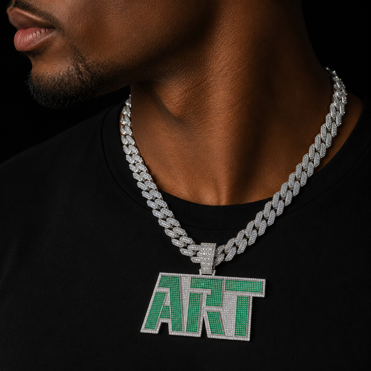 Bubble Letter Personalized Pendant Custom Name Necklace for Men White Gold Plated Green Stones Prong Setting Hip Hop Jewelry