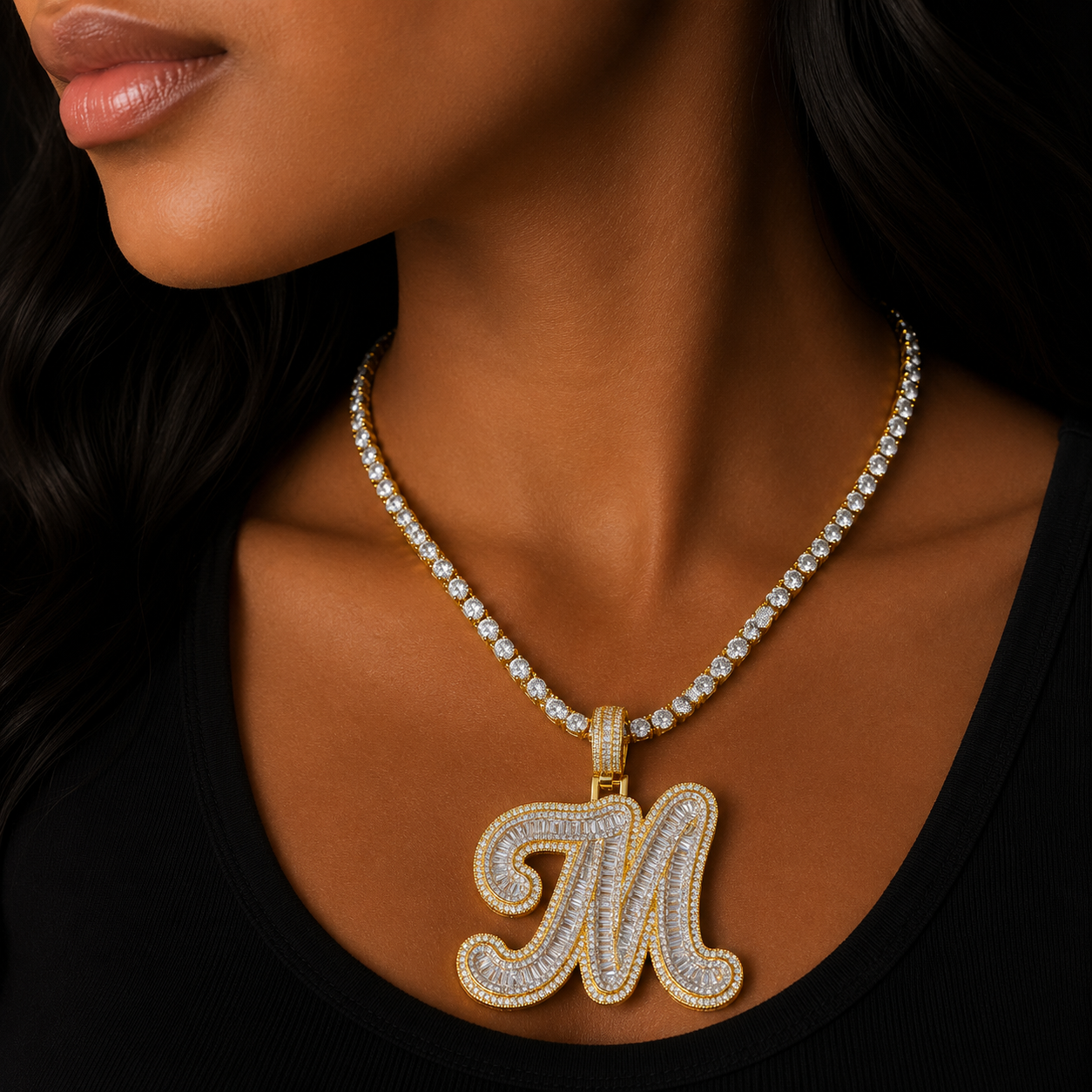 Bubble Letter Cursive Baguette Initial Jewelry Iced Out Prong Setting Pendant Personalized Name Plates Necklace for Women