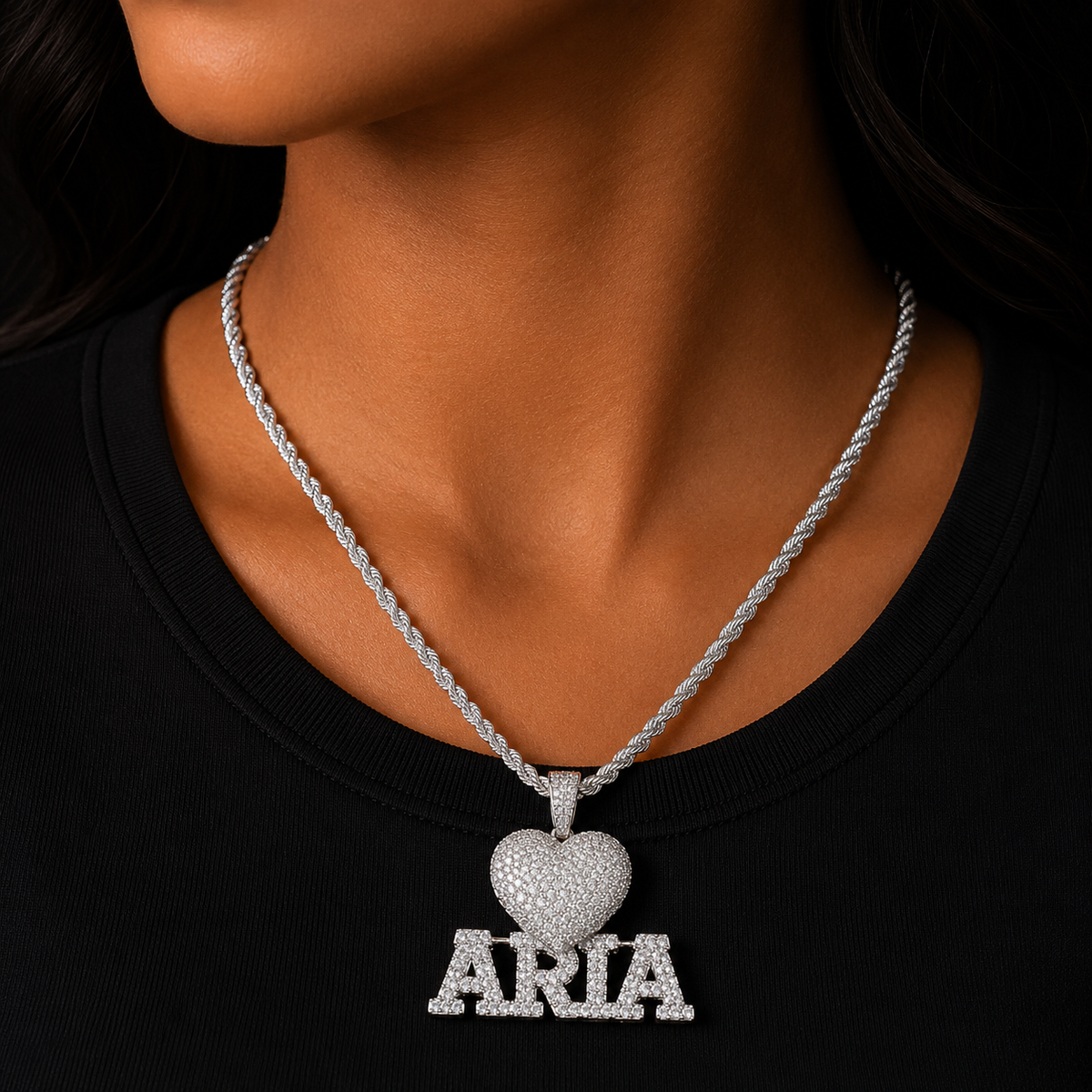 Bubble Letter Custom Name Necklace for Women Heart Bail Tiny Glossy Pendant Iced Out Charms Hip Hop Jewelry