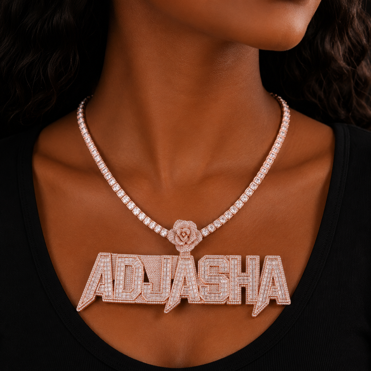 Bubble Letter Baguette Custom Name Necklace for Women Prong Setting Iced Out Personalized Pendant Solid Back Rose Flower Bail