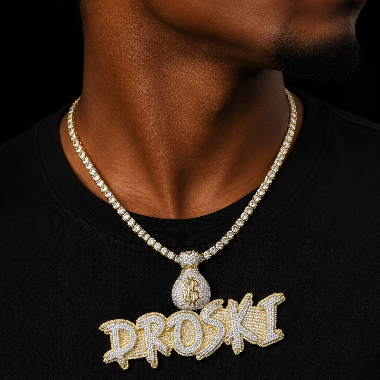 Bubble Letter Jewelry Custom Name Necklace Solid Base Iced Out Personalized Pendants Money Bag Bail  Real Gold Plated Hip Hop