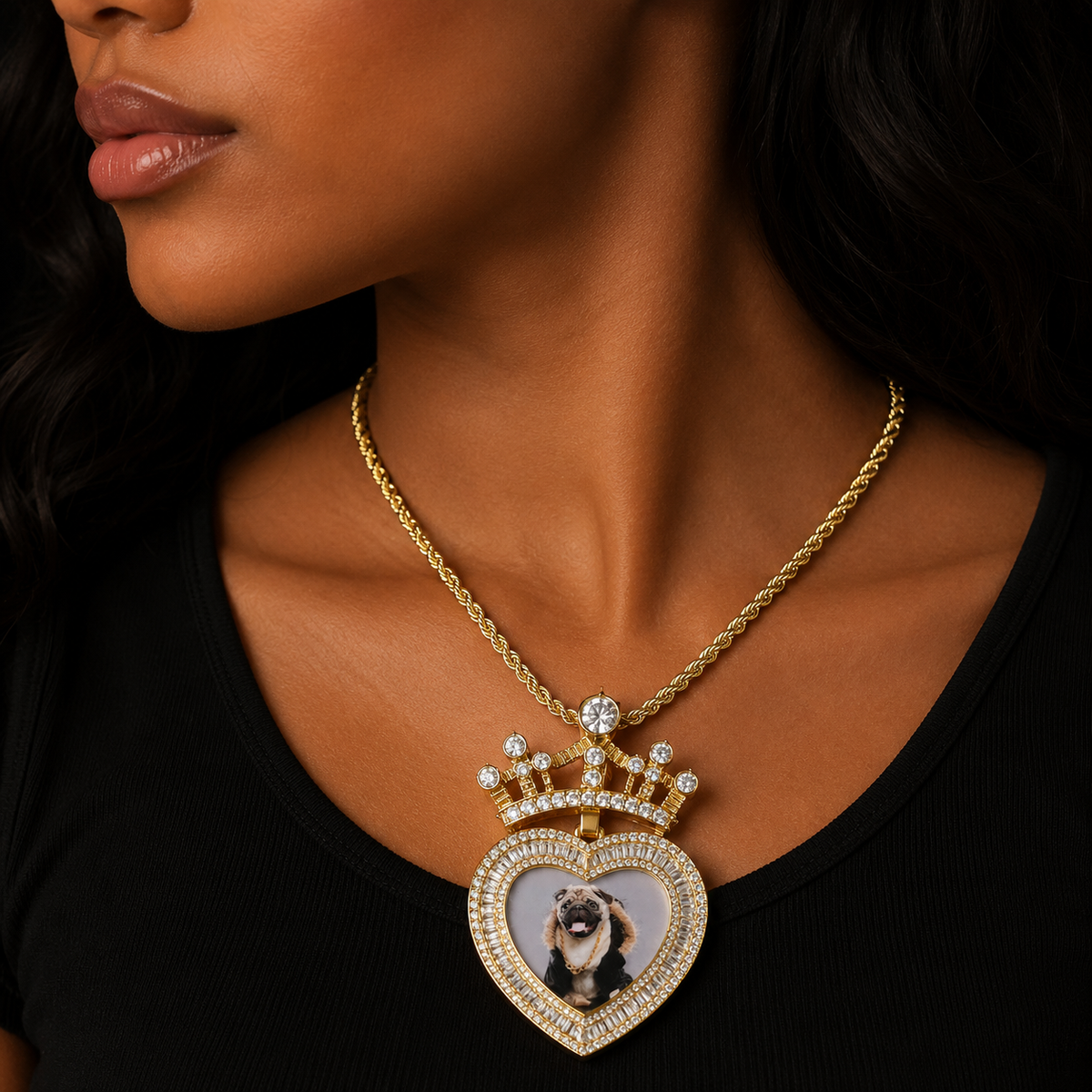 Bubble Letter Custom Heart Photo Necklace for Women Personalized Picture Pendant Crown Bail Real Gold Plated Hip Hop Jewelry