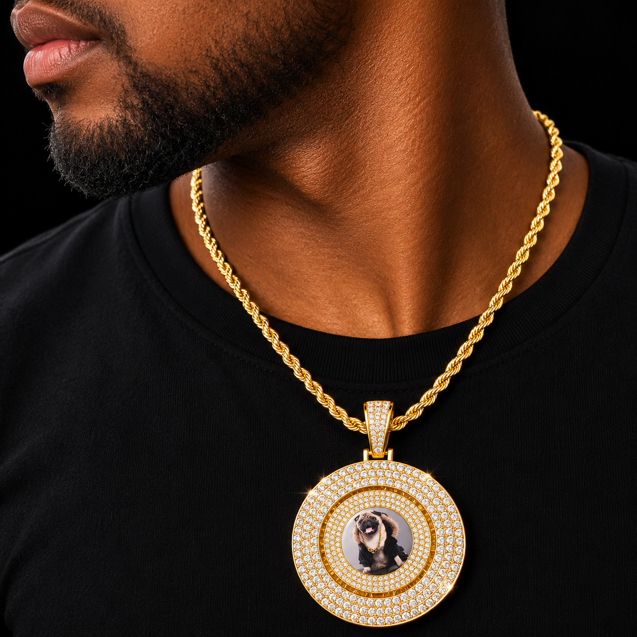 Bubble Letter Picture Pendant Custom Photo Medallion Rotating Necklace Real Gold Plated Hip Hop Jewelry